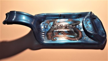 Sculpture titled "Deflated Bottle Blue" by Rikkihop, Original Artwork, Glass