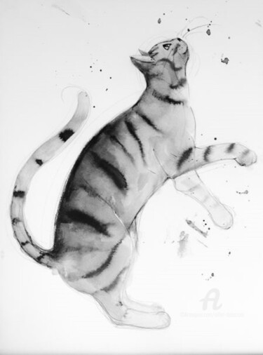 「Chat dynamique 0111」というタイトルの描画 Alliet-Delacroixによって, オリジナルのアートワーク, インク 段ボールにマウント