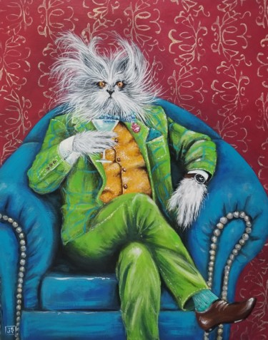 Atchoum the Cat, drinking his martini, shaken not stirred. Malerei mit dem Titel "Atchoum the Cat, dr…" von Janice Serilla, Original-Kunstwerk, Acryl