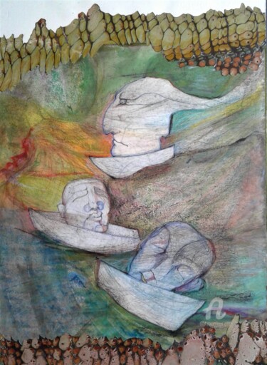 Gravures & estampes intitulée "Boatpeople" par Lilli Deutsch, Œuvre d'art originale, Eau-forte