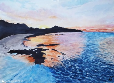 Painting titled "Soleil couchant aux…" by Chris Texier, Original Artwork, Watercolor