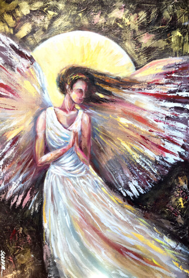 Angel Original Painting on canvas wings vertical gold 绘画 标题为“Angel Original Pain…” 由Valerie Serova, 原创艺术品, 油
