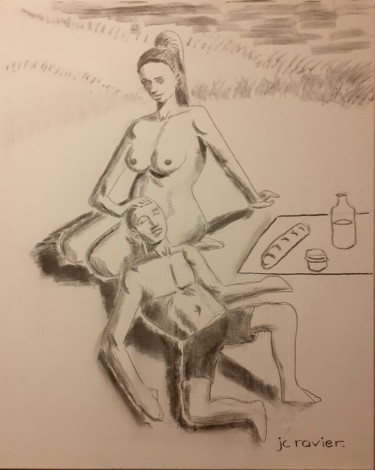 Pique-nique ! Peinture intitulée "Pique-nique !" par Jean Christophe Ravier, Œuvre d'art originale, Fusain
