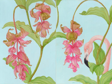 Medinilla & Flamingo Peinture intitulée "Medinilla & Flamingo" par Natalie Levkovska, Œuvre d'art originale, Huile Monté sur Châssis en bois