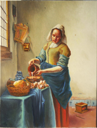 Reproduction Vermeer - La laitière Painting titled "Reproduction Vermee…" by Adina Lupan, Original Artwork, Oil Mounted on Wood Stretcher frame