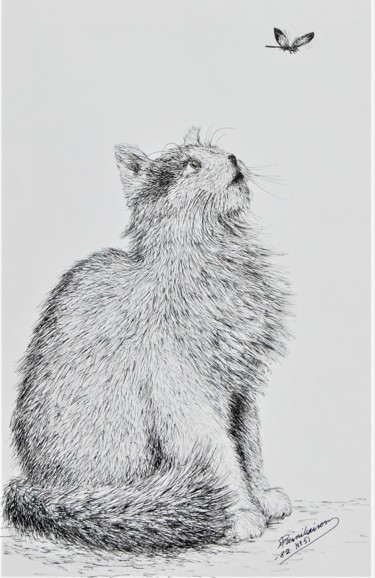Drawing titled "Kissa ja perhonen" by Ari Reinikainen, Original Artwork, Ink