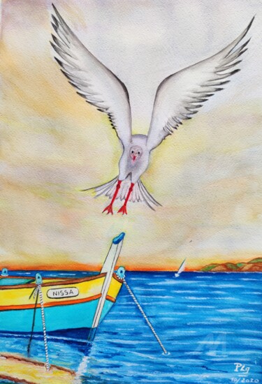 绘画 标题为“La Mouette et le Po…” 由Patrice Le Gall, 原创艺术品, 水彩