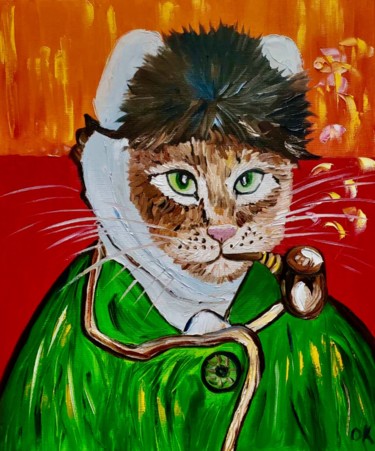 Painting titled "Cat Vincent Van Gog…" by Olga Koval, Original Artwork, Oil Mounted on Wood Stretcher frame