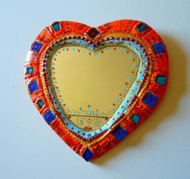 Design intitulée "miroir "cœur orange…" par Odile Maffone Mosaïque Joyeuse, Œuvre d'art originale, Accessoires