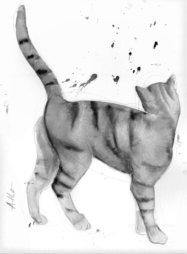 Drawing titled "Chat dynamique 0112" by Alliet-Delacroix, Original Artwork, Ink Mounted on Cardboard