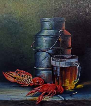 Still life- beer and crayfish (24x20cm, oil painting) 제목이 "Still life- beer an…"인 미술작품 Sergey Miqayelya로, 원작, 기름 나무 들것 프레임에 장착됨