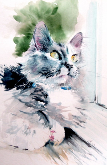 绘画 标题为“Cat in the front of…” 由Anna Brigitta Kovacs (KAB), 原创艺术品, 水彩