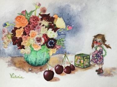 Peinture intitulée "Bouquet et cube en…" par Victoria, Œuvre d'art originale, Aquarelle