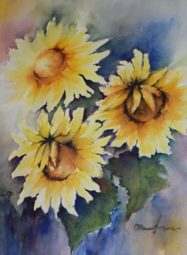 Peinture intitulée "3 Tournesols" par Olga Chilova - Stephan, Œuvre d'art originale, Aquarelle