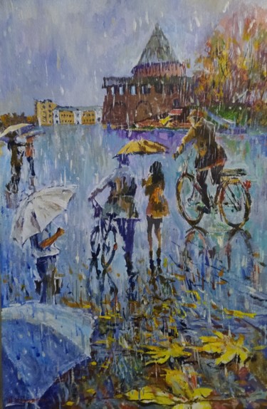 「Осенний день」というタイトルの絵画 Владимир Курьяков (Vladimir Kuryakov)によって, オリジナルのアートワーク, オイル 段ボールにマウント
