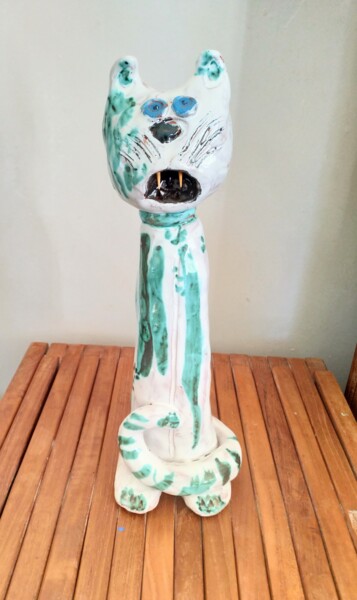 Sculpture intitulée "Chat naïf blanc en…" par Anne Cabon, Œuvre d'art originale, Céramique