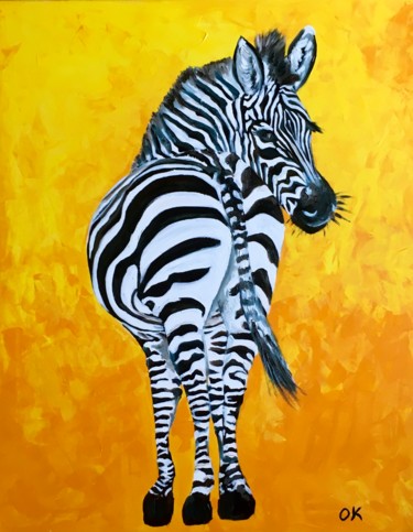 Painting titled "Zebra on golden bac…" by Olga Koval, Original Artwork, Oil Mounted on Wood Stretcher frame