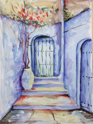 Schilderij getiteld "Porte chefchaouen" door Chafik Elfernani, Origineel Kunstwerk, Aquarel