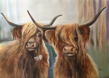 Loving bulls. Portrait of bulls Peinture intitulée "Loving bulls. Portr…" par Natalia Veyner, Œuvre d'art originale, Aquarelle