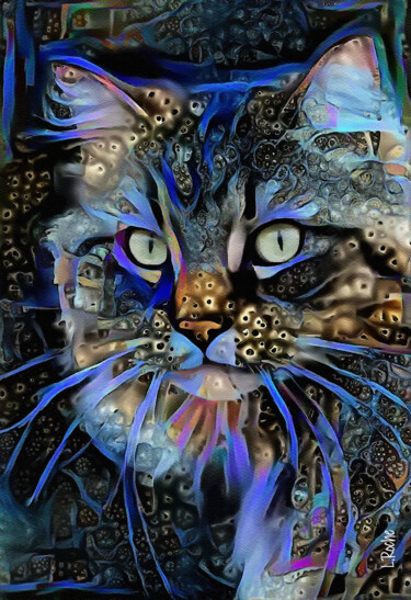 Alma blue, cat - Mix media on panel - 70x50 cm-OOAK