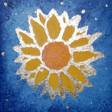 Golden sunflower and sun splashes (gold leaf painting) 제목이 "Golden sunflower an…"인 미술작품 Poly로, 원작, 아크릴 나무 들것 프레임에 장착됨