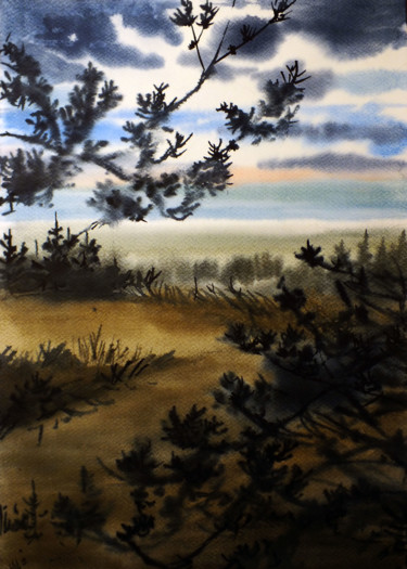 Peinture intitulée "sea, beach, forest" par Julija Demenkova, Œuvre d'art originale, Aquarelle