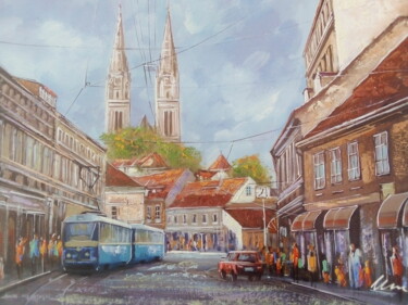 Zagreb cathedral and tram acrylic painting on canvas Ζωγραφική με τίτλο "Zagreb cathedral an…" από Filip Petrovic, Αυθεντικά έργα τέχνης, Ακρυλικό
