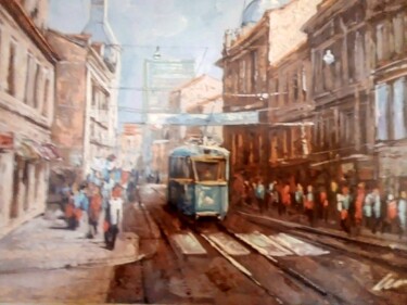 Zagreb street and tram acrylic painting on canvas Ζωγραφική με τίτλο "Zagreb street and t…" από Filip Petrovic, Αυθεντικά έργα τέχνης, Ακρυλικό
