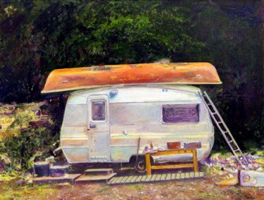 Painting titled "Home off Grid" by David Dodsworth, Original Artwork, Oil Mounted on Wood Stretcher frame