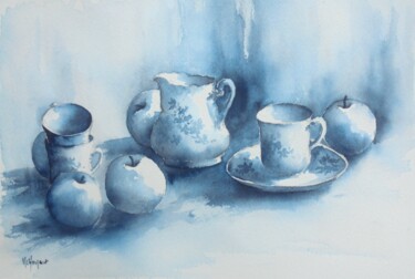 Painting titled "Porcelaines et pomm…" by Marie-Charlotte Houpeurt-Chauffeté, Original Artwork, Watercolor