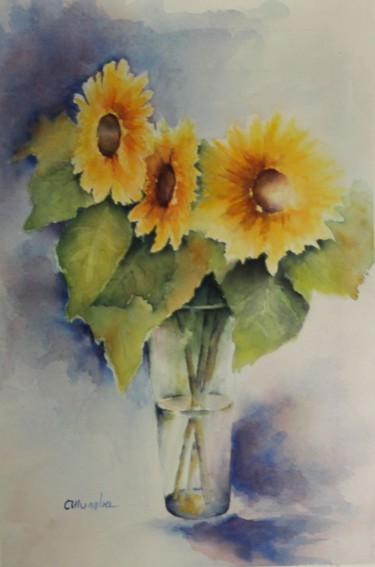 Peinture intitulée "trois tournesols" par Olga Chilova - Stephan, Œuvre d'art originale, Aquarelle