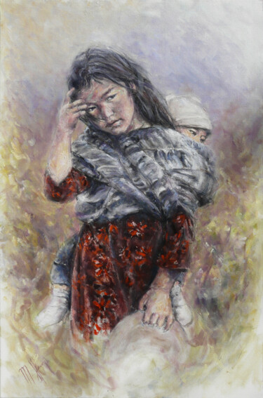 Peinture intitulée "Enfants d'Himalaya" par Muriel Henry, Œuvre d'art originale, Huile Monté sur Châssis en bois