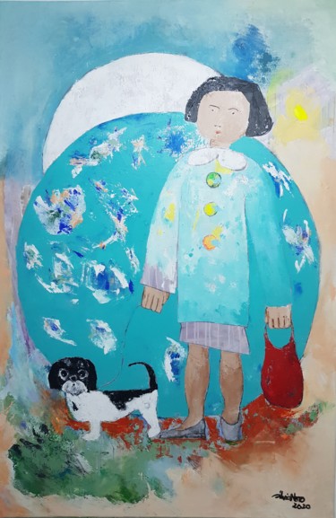 Pintura intitulada "A menina e o cão" por Sílvia Neto, Obras de arte originais, Acrílico