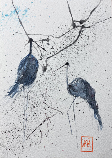 Pittura intitolato "Le cicogne 1" da Yūrei, Opera d'arte originale, Acquarello