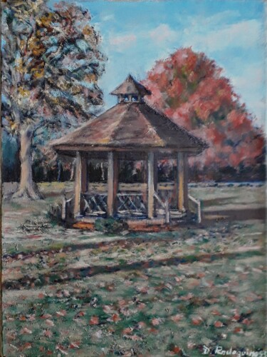Parco autunnale con Gazebo Painting titled "Parco autunnale con…" by Davide Rodoquino, Original Artwork, Oil Mounted on Wood Stretcher frame