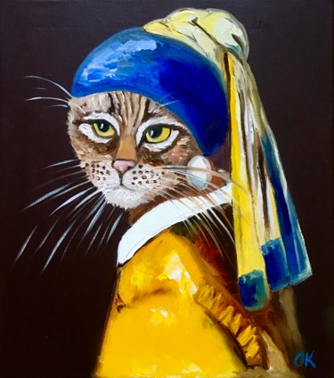 Cat with the pearl earring inspired by Vermeer portrait Painting titled "Cat with the pearl…" by Olga Koval, Original Artwork, Oil Mounted on Wood Stretcher frame