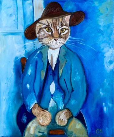 Cat A Little Peasant inspired by Modigliani portrait Peinture intitulée "Cat A Little Peasan…" par Olga Koval, Œuvre d'art originale, Huile Monté sur Châssis en bois