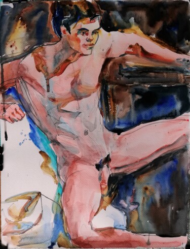 Pintura titulada "Male Nude with Hat,…" por Jelena Djokic, Obra de arte original, Acuarela