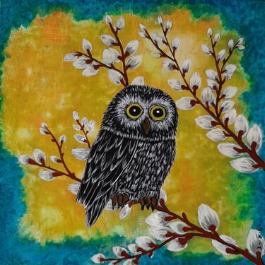 Tekening getiteld "jeune hibou" door Iakim, Origineel Kunstwerk, Acryl Gemonteerd op Frame voor houten brancard