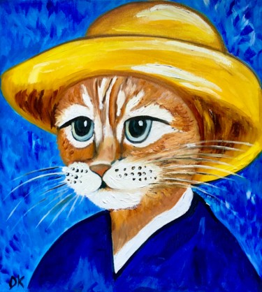 CUTE CAT LA VINCENT VAN GOGH INSPIRED BY FAMOUS SELF-PORTRAT 绘画 标题为“CUTE CAT LA VINCENT…” 由Olga Koval, 原创艺术品, 油 安装在木质担架架上