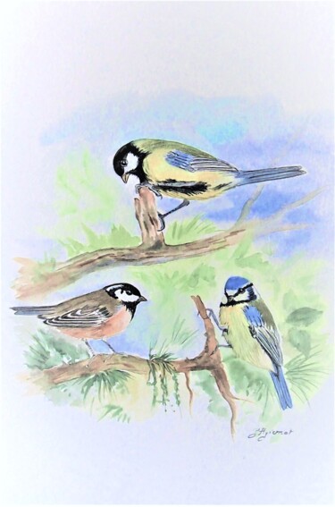 les mésanges- aquarelle originale signée Peinture intitulée "les mésanges- aquar…" par Patricia Giroldini Hyvernat, Œuvre d'art originale, Aquarelle