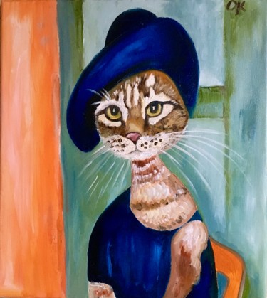 Cat Lady Inspired by Amedeo Modigliani portrait of Jeanne He Malarstwo zatytułowany „Cat Lady Inspired b…” autorstwa Olga Koval, Oryginalna praca, Olej Zamontowany na Drewniana rama nos…