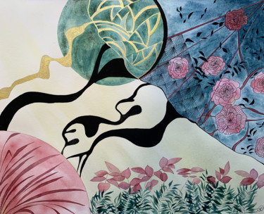 Painting titled "Space Flowers" by Aline Demarais, Original Artwork, Watercolor