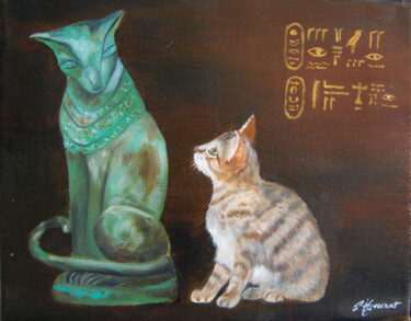 Bastet et le chaton -huile sur toile signée Painting titled "Bastet et le chaton…" by Patricia Giroldini Hyvernat, Original Artwork, Oil