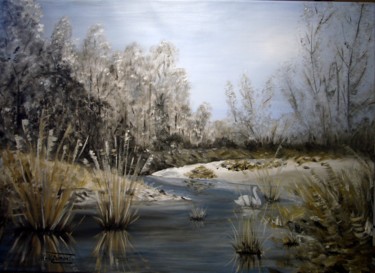 Painting titled "Le Cygne" by Marie-Mathilde Dumont, Original Artwork, Oil Mounted on Wood Stretcher frame