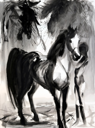 Peinture de cheval tenu à la main par sa cavalière Pittura intitolato "Peinture de cheval…" da Michel Charrier, Opera d'arte originale, Tempera
