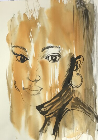 "visage sur fond ocre, boucles d'oreille"(©)adagp Dessin intitulée ""visage sur fond o…" par Catherine Drouin-Goutal, Œuvre d'art originale, Encre