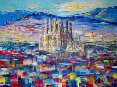 Barcelona in evening dress Painting titled "Barcelona in evenin…" by Natalia Shchipakina, Original Artwork, Oil Mounted on Wood Stretcher frame