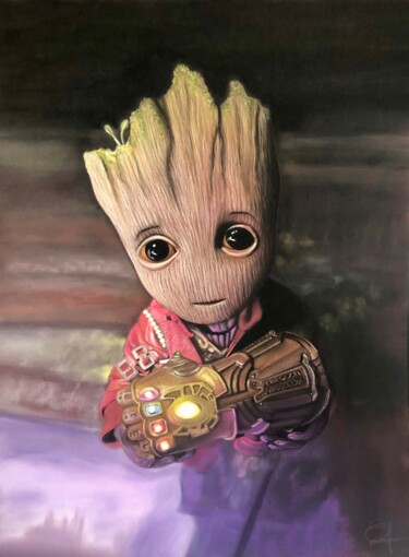 Dessin intitulée "Baby Groot" par Jess.C.Art, Œuvre d'art originale, Pastel Monté sur Verre