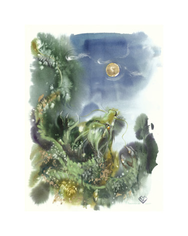 绘画 标题为“ДРАКОН  ловит луну” 由Tanya Melart, 原创艺术品, 水彩